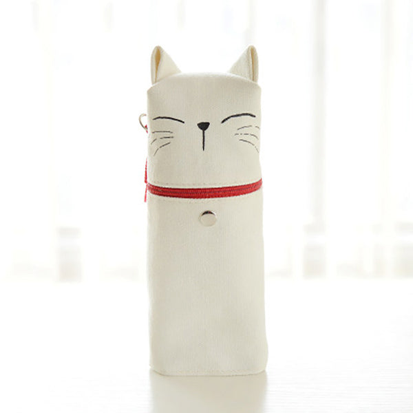 Kawaii Cat Emoticon Stand-Up Canvas Pencil Case, White Cat (Relax)