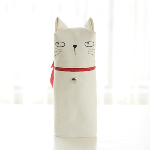 Kawaii Cat Emoticon Stand-Up Canvas Pencil Case, White Cat (Think)