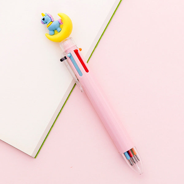 Kawaii Multicolor Ballpoint Pens 6-in-1, 🦄 Unicorn on Moon🌙 / Pink