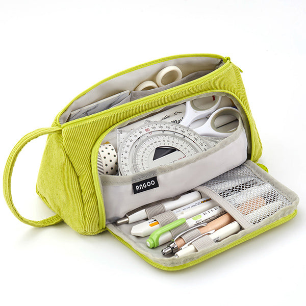 Angoo Green Cloth Pencil Case With Three Compartments