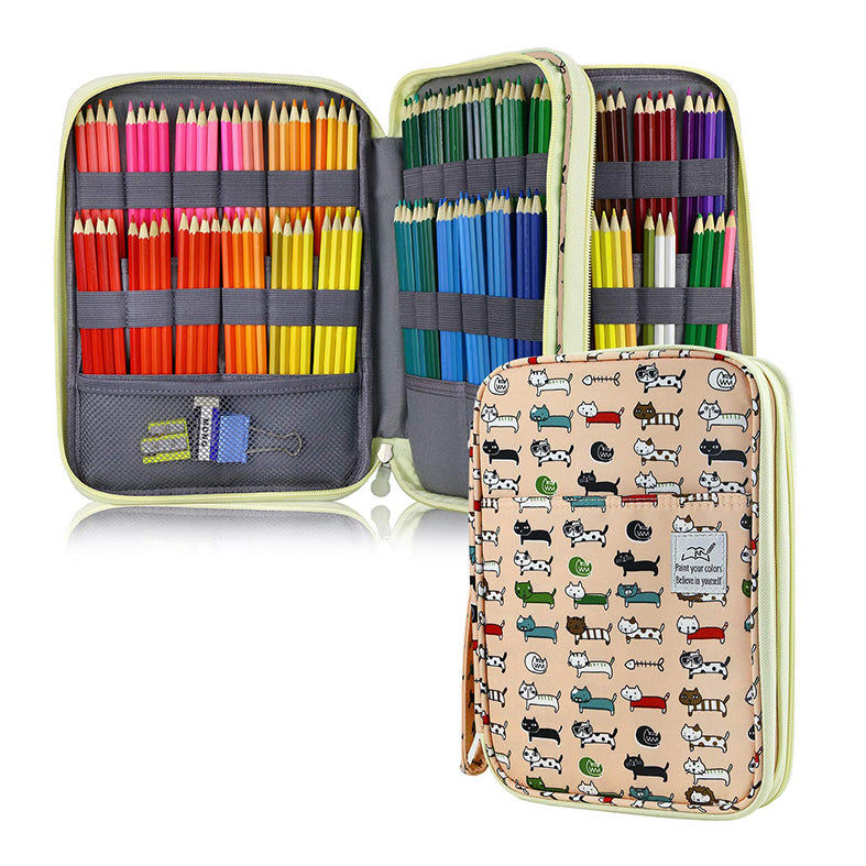Large Capacity 192 Slots Multi-Layers Zipper Pen Organizer Bag for Artist, Cat (Type 1)