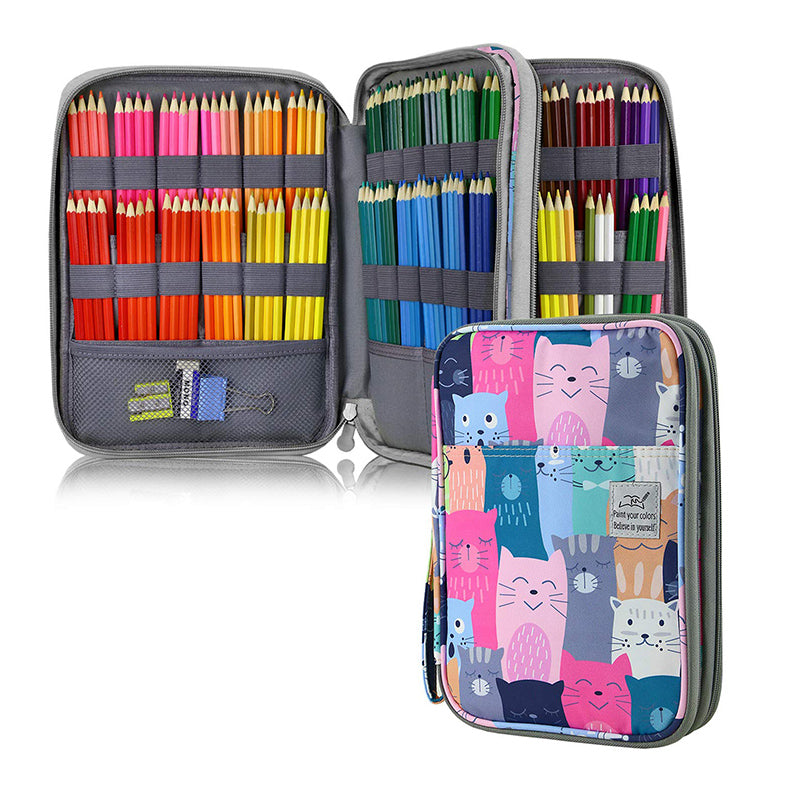 Large Capacity 192 Slots Multi-Layers Zipper Pen Organizer Bag for Artist, Cat (Type 3)