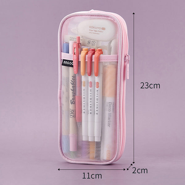 Transparent Mesh Zipper Large Pencil Case, Pink