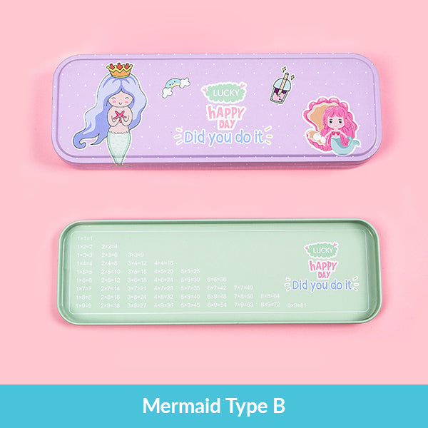 Pastel Color Cartoon Two Layers Metal Pencil Box Bundle, Mermaid Type B Box