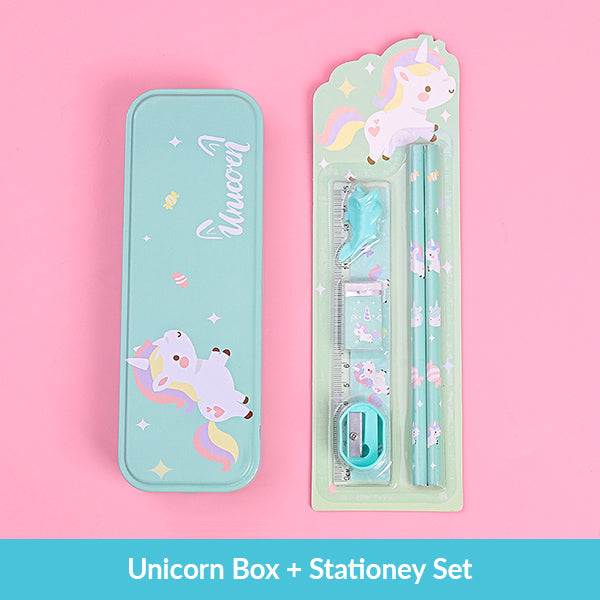 Pastel Color Cartoon Two Layers Metal Pencil Box Bundle, Unicorn Box + Stationery Set