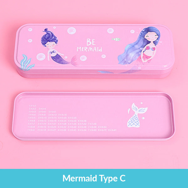 Pastel Color Cartoon Two Layers Metal Pencil Box Bundle, Mermaid Type C Box