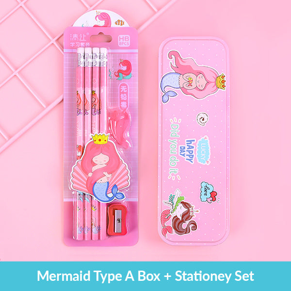 Pastel Color Cartoon Two Layers Metal Pencil Box Bundle, Mermaid Type A Box + Stationery Set