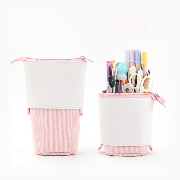 Pastel Corduroy Stand-Up Foldable Pencil Case, Pastel Pink