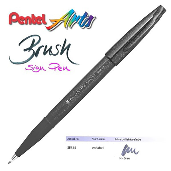 Pentel Fude Touch Brush Sign Pen Flexible Tip 1 /6 /12 Colored Set, SES15C-N - Gray