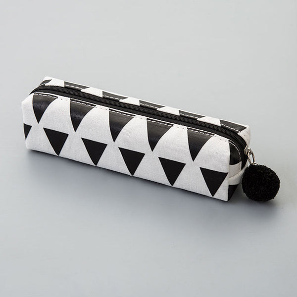 Pom Pom Small Pencil Case, Black &White (Pattern 1)