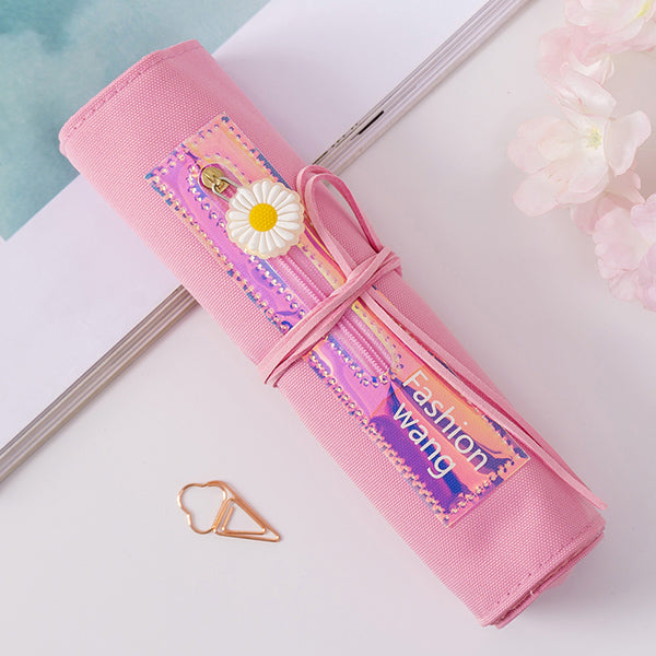 Sakura Holographic Canvas Roll Up Pencil Case, Rose Pink (with zipper)