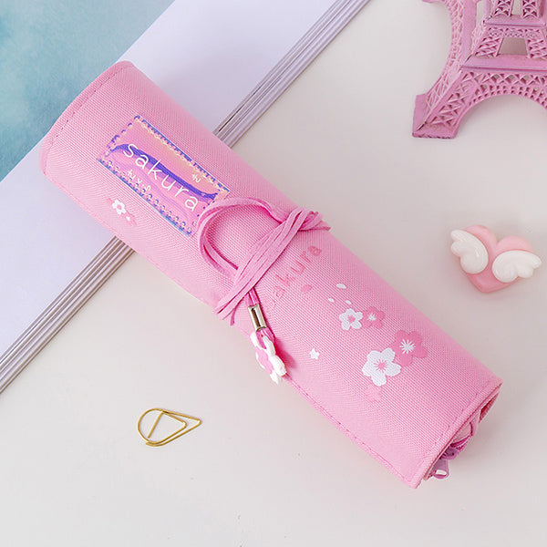 Sakura Holographic Canvas Roll Up Pencil Case, Rose Pink