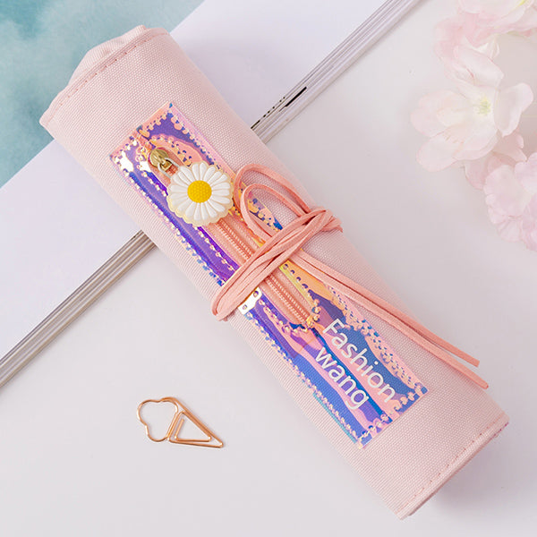 Sakura Holographic Canvas Roll Up Pencil Case, Light Pink (with zipper)
