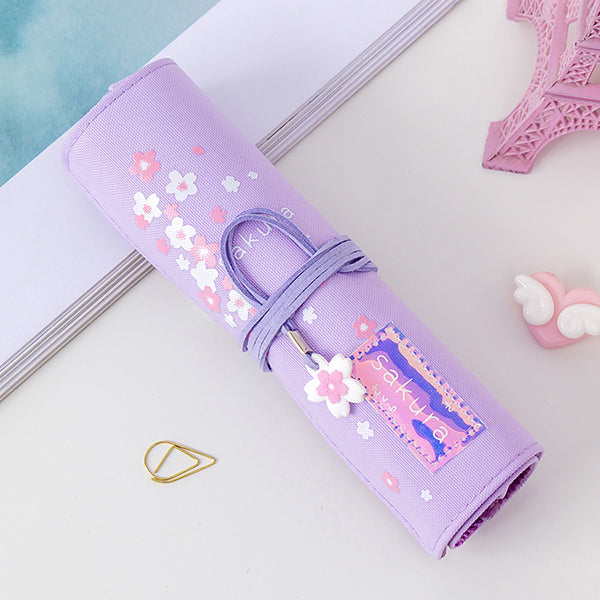 Sakura Holographic Canvas Roll Up Pencil Case, Lavender