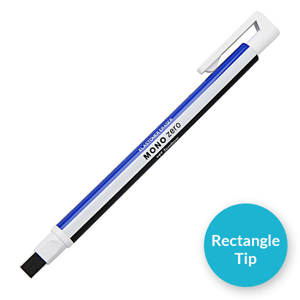 Tombow MONO zero Pinpoint Erasing Elastomer Eraser Rectangle, Round Tip and Refill, Blue & White, Rectangle