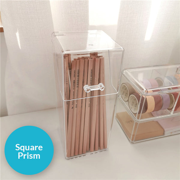 Transparent Desktop Pencil Cup with Lid, Square Prism