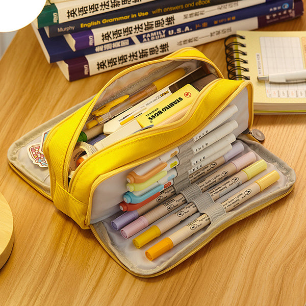 Triple Zipper Canvas Pencil Case, Yellow (NEW)