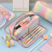 Triple Zipper Canvas Pencil Case, Pink Rainbow (NEW)
