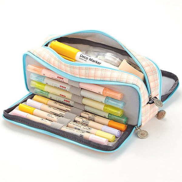 ANGOO 2 Pcs Large Pencil Case Big Capacity 3 Compartments Canvas Pencil  Pouch, White Pink & Grey