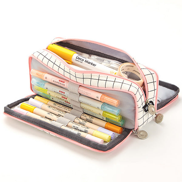 Triple Zipper Canvas Pencil Case, Grid A