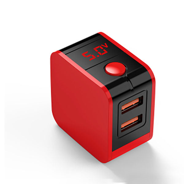 USB Power Adapter Digital Display 2 Ports 2.4A Max (USA, Canada Type A Plug), Red / with Digital Display
