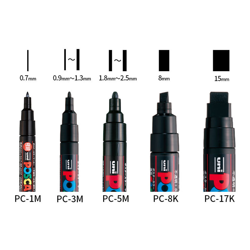 Uni POSCA Mixed Marker Pack - 7 Paint Markers In Various Sizes - Brush,  1Mr, 1M, 3M, 5M, 8K, 17K (Black)