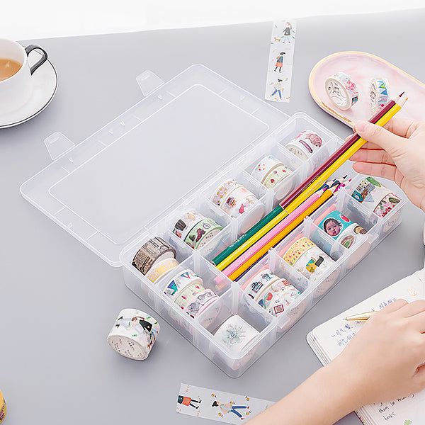 Washi Tape Organizer Set, 20 Rolls Holiday Washi Tape Kawaii(10mm Wide) for  Journaling with 1 Adjustable 6-Compartment Grid Slot Plastic Storage Box