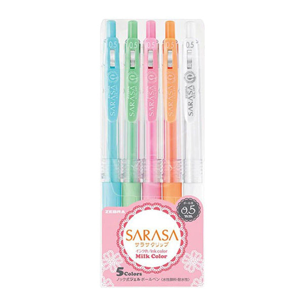 Zebra Sarasa Milk Color Clip Retractable Gel Pen 0.5mm Set, 5 Colors Set