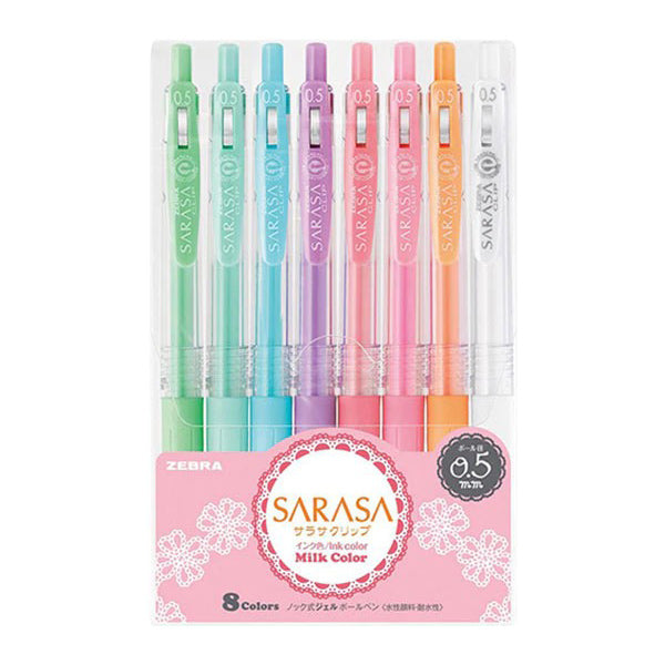 Zebra Sarasa Milk Color Clip Retractable Gel Pen 0.5mm Set, 8 Colors Set